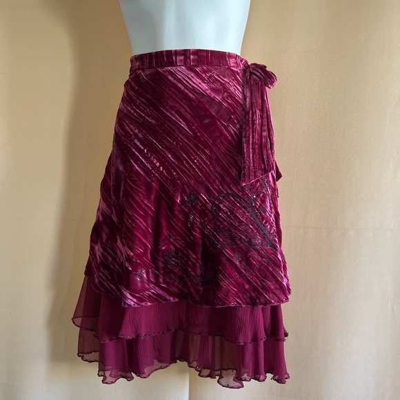 bebe Dresses & Skirts - bebe Asymmetrical velvet Red Skirt with Ruffle Detail